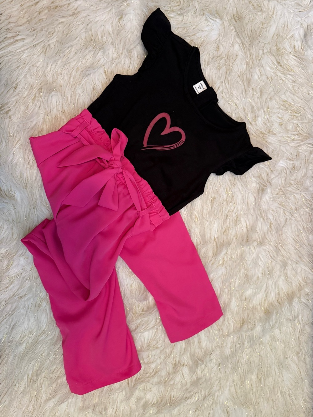 SHEIN Black Top with Pink Heart & Bright Pink Paperbag Pants